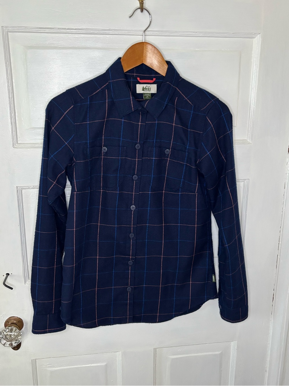 REI Wool Blend Navy Plaid Button-Down Shirt
